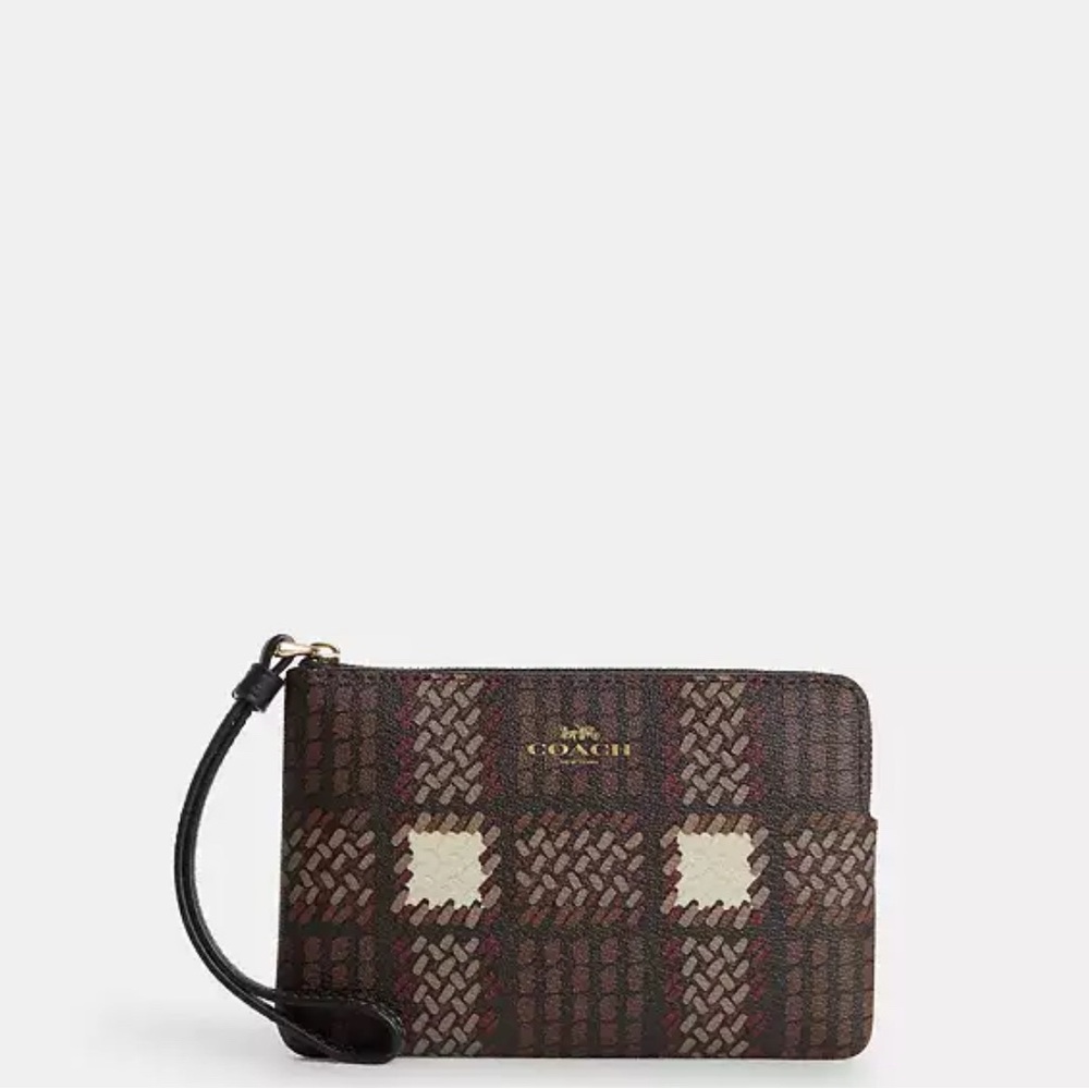 Coach Corner Zip Wristlet with Brown Plaid Print; NWT; SOLD OUT; Free Shipping